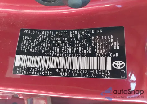 2020 Toyota Corolla Le из США, поврежденный, VIN 5YFEPRAEXLP039916